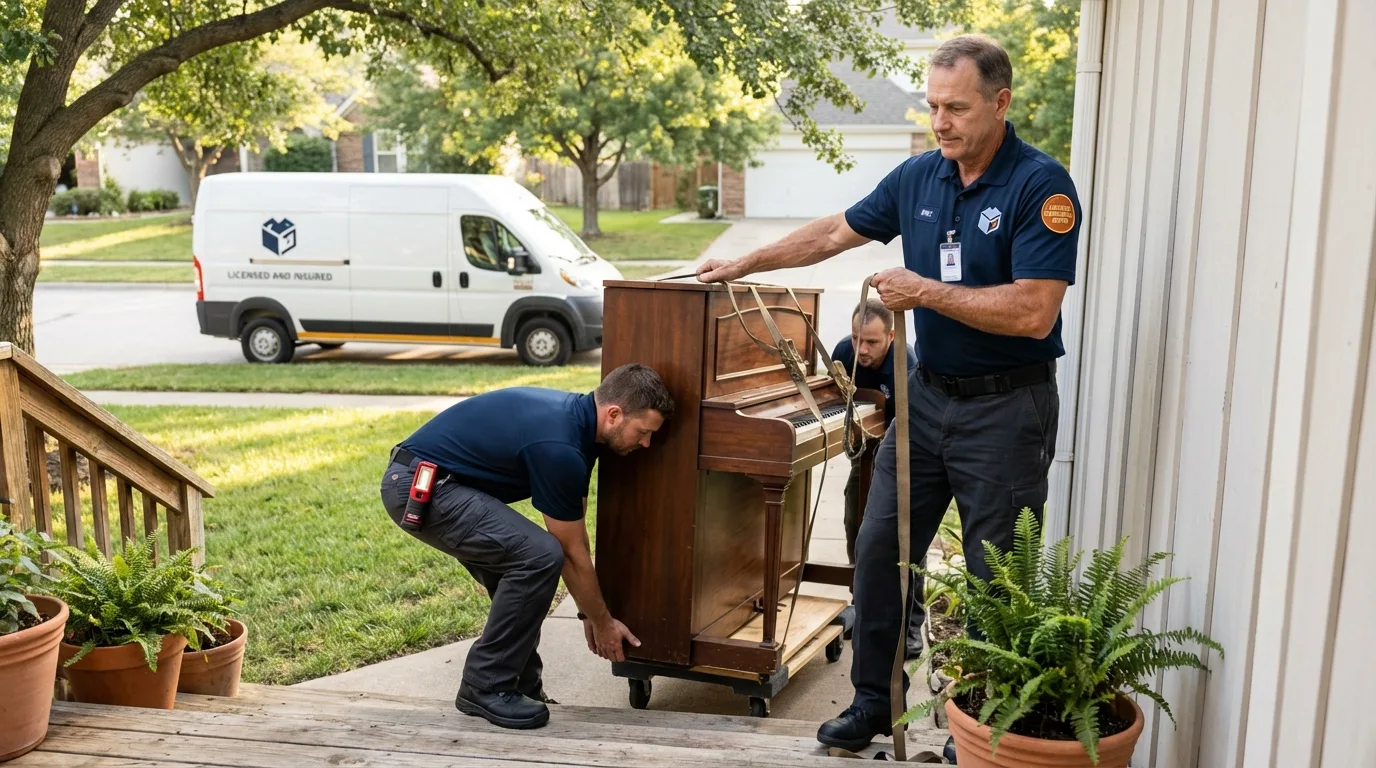 Licensed piano movers securing grand piano in Arlington Heights, IL