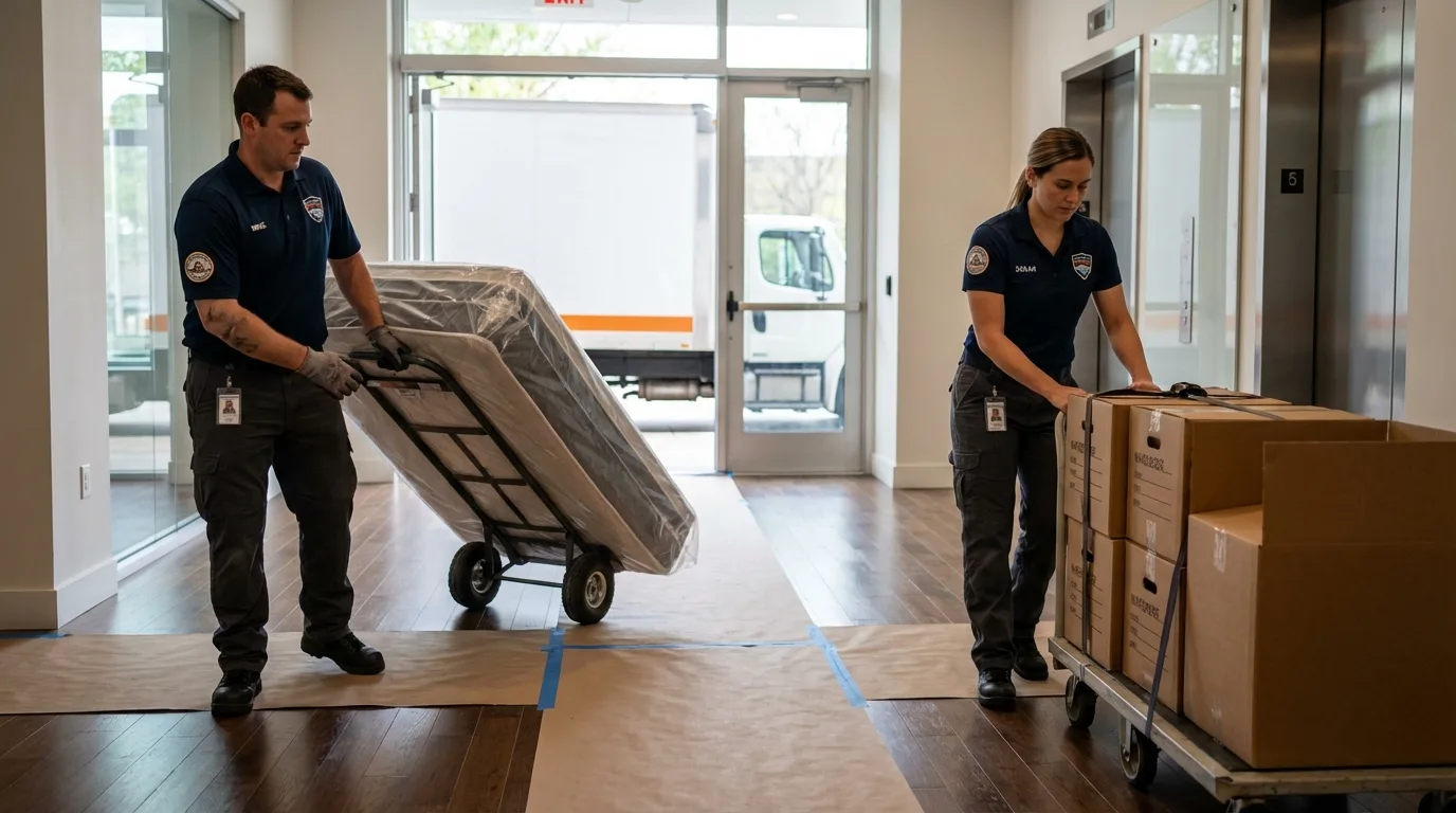 Professional apartment movers loading elevator in Arlington Heights, IL